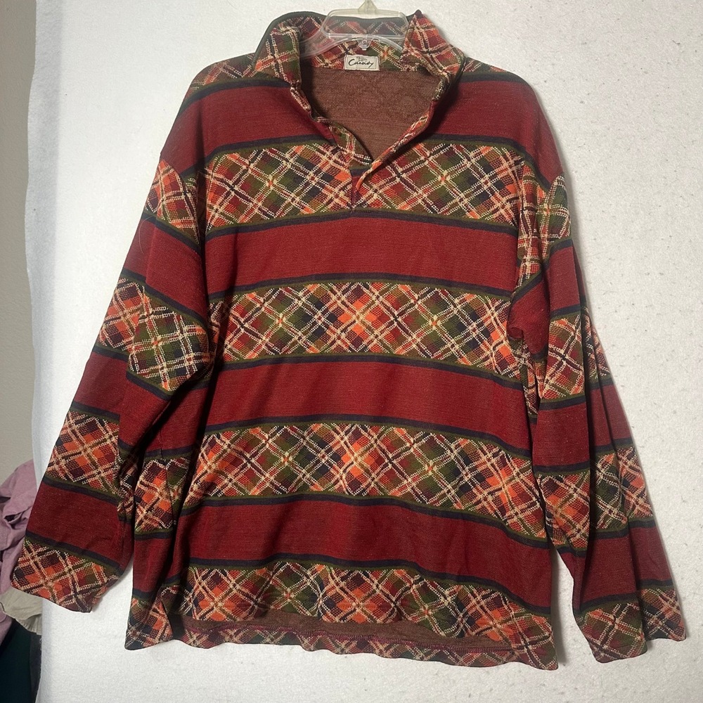 Cassidy Mens XXL Red Plaid Striped Long Sleeve Polo Shirt 100% Cotton Knit